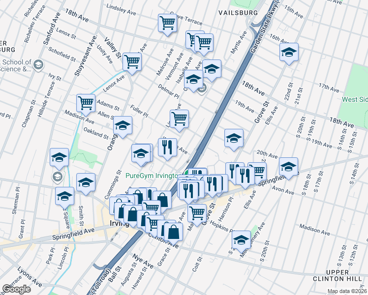 map of restaurants, bars, coffee shops, grocery stores, and more near 146 Brookside Avenue in Irvington