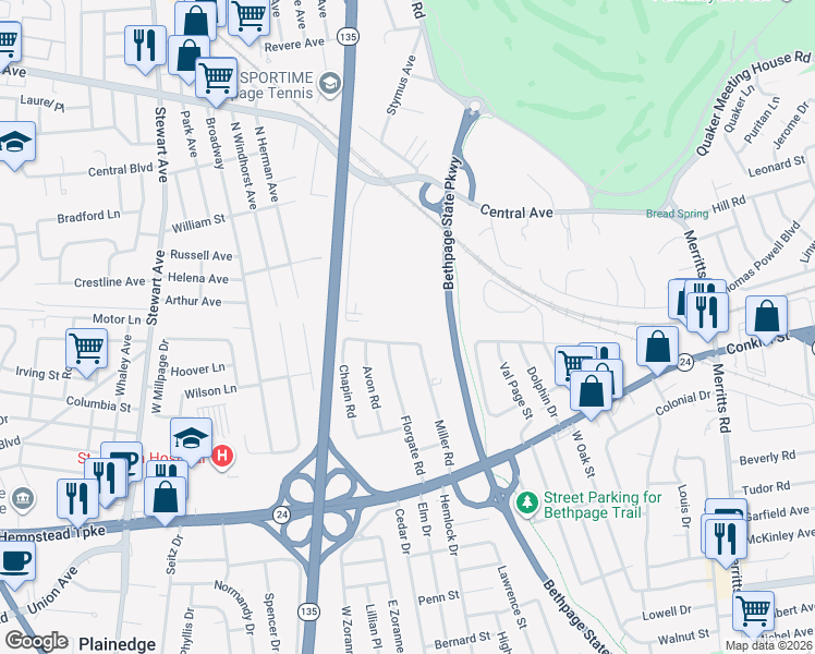 map of restaurants, bars, coffee shops, grocery stores, and more near 44 Miller Road in Farmingdale