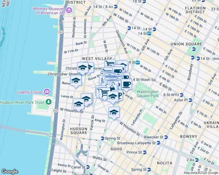map of restaurants, bars, coffee shops, grocery stores, and more near 249 Bleecker Street in New York
