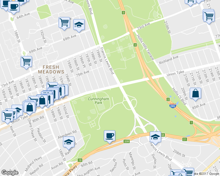 map of restaurants, bars, coffee shops, grocery stores, and more near 18114 Union Turnpike in Queens