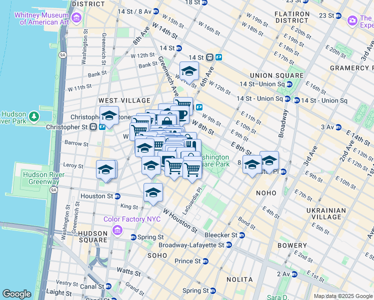 map of restaurants, bars, coffee shops, grocery stores, and more near 15 Washington Square North in New York