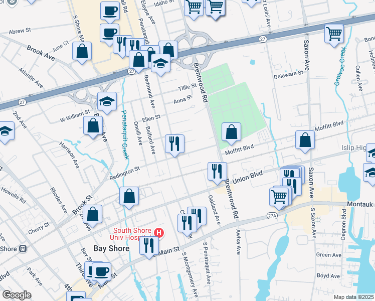 map of restaurants, bars, coffee shops, grocery stores, and more near 71 Redington Street in Bay Shore