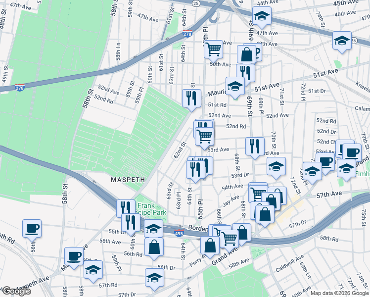 map of restaurants, bars, coffee shops, grocery stores, and more near 53-58 62nd Street in Queens