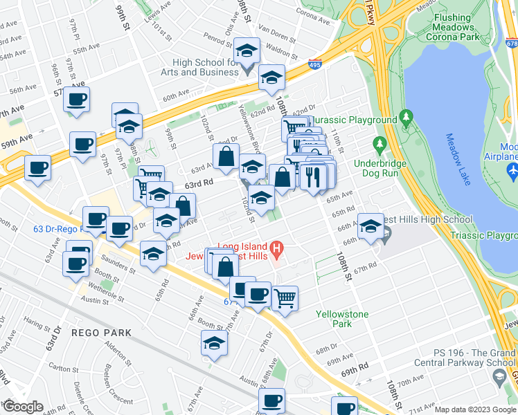map of restaurants, bars, coffee shops, grocery stores, and more near 102-17 64th Road in Queens