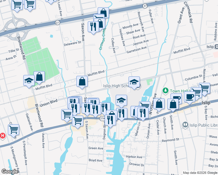 map of restaurants, bars, coffee shops, grocery stores, and more near 2397 Union Boulevard in Islip