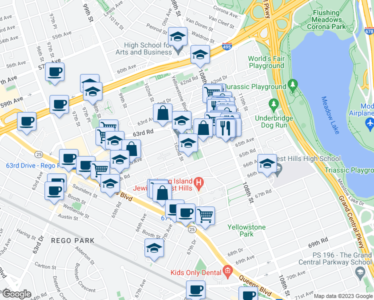 map of restaurants, bars, coffee shops, grocery stores, and more near 64-35 102nd Street in Queens