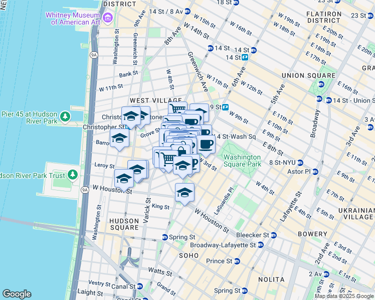 map of restaurants, bars, coffee shops, grocery stores, and more near Cornelia Street in New York