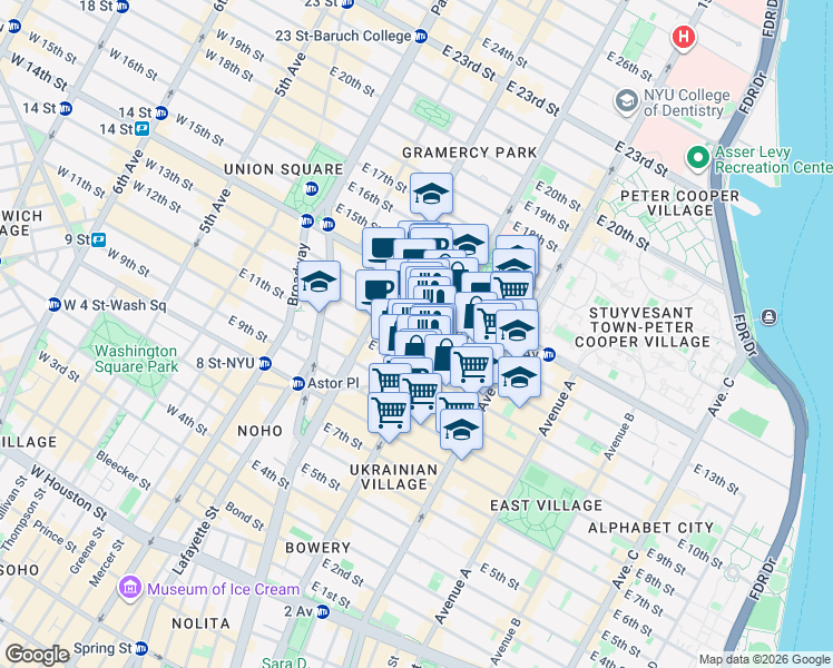 map of restaurants, bars, coffee shops, grocery stores, and more near 189 2nd Avenue in New York