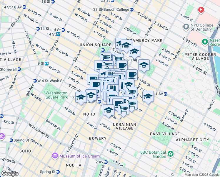 map of restaurants, bars, coffee shops, grocery stores, and more near 114 East 11th Street in New York