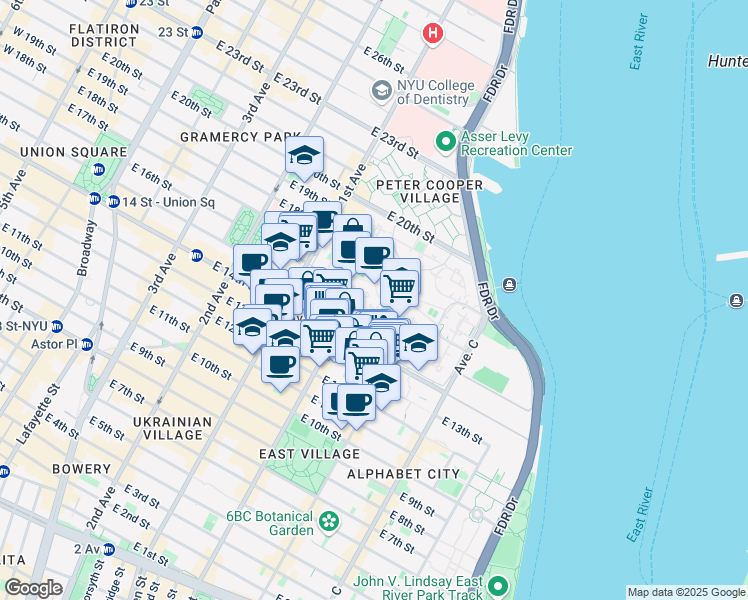 map of restaurants, bars, coffee shops, grocery stores, and more near 1 Stuyvesant Oval in New York