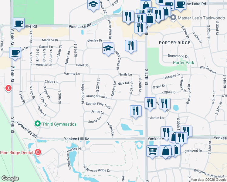 map of restaurants, bars, coffee shops, grocery stores, and more near 1902 Lauren Marie Circle in Lincoln