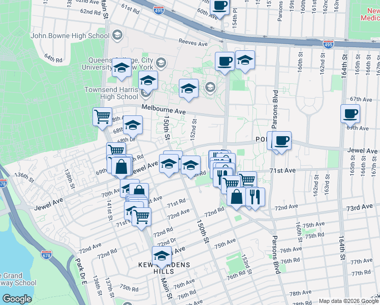map of restaurants, bars, coffee shops, grocery stores, and more near 150-26 Jewel Avenue in Queens