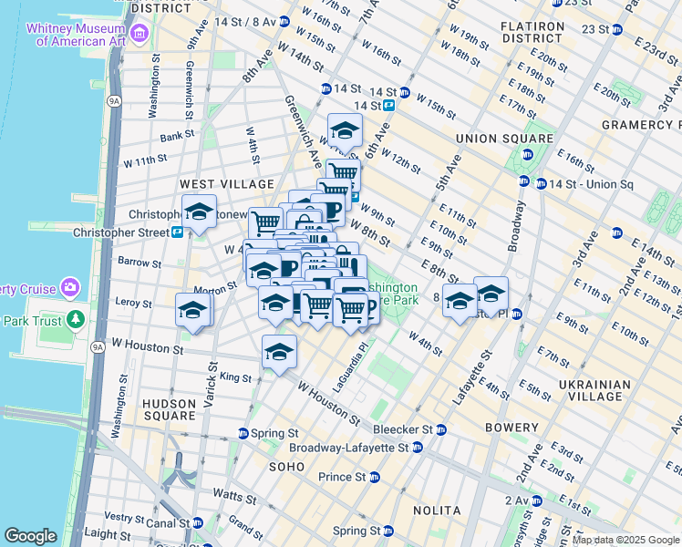 map of restaurants, bars, coffee shops, grocery stores, and more near 33 Washington Square West in New York