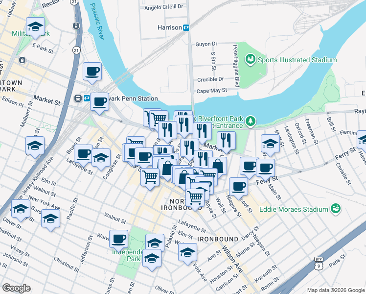 map of restaurants, bars, coffee shops, grocery stores, and more near 47 Van Buren Street in Newark