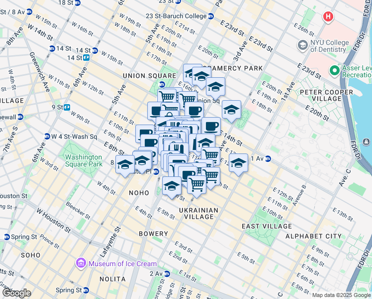 map of restaurants, bars, coffee shops, grocery stores, and more near 70 3rd Avenue in New York