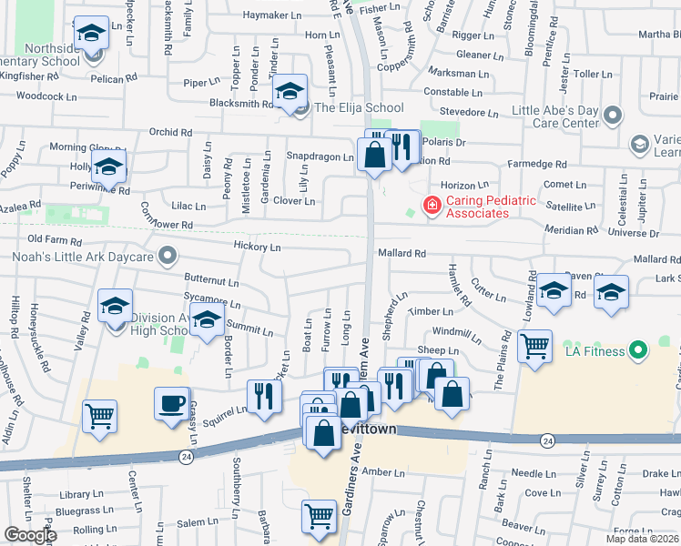 map of restaurants, bars, coffee shops, grocery stores, and more near 42 Eagle Lane in Levittown