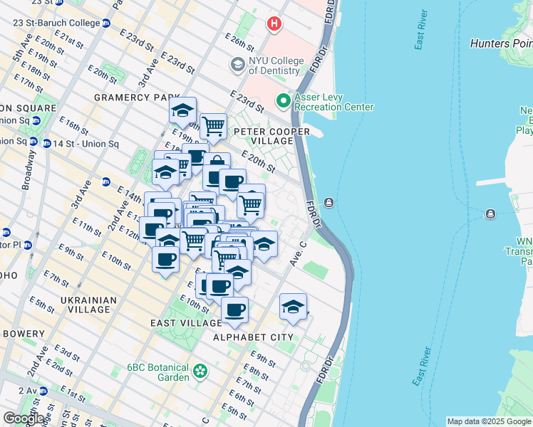 map of restaurants, bars, coffee shops, grocery stores, and more near 12 Stuyvesant Oval in New York