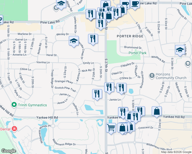 map of restaurants, bars, coffee shops, grocery stores, and more near 2525 Alana Lane in Lincoln