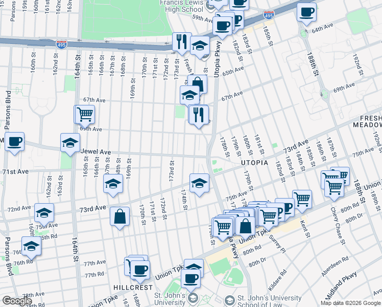 map of restaurants, bars, coffee shops, grocery stores, and more near 174-15 Jewel Avenue in Queens