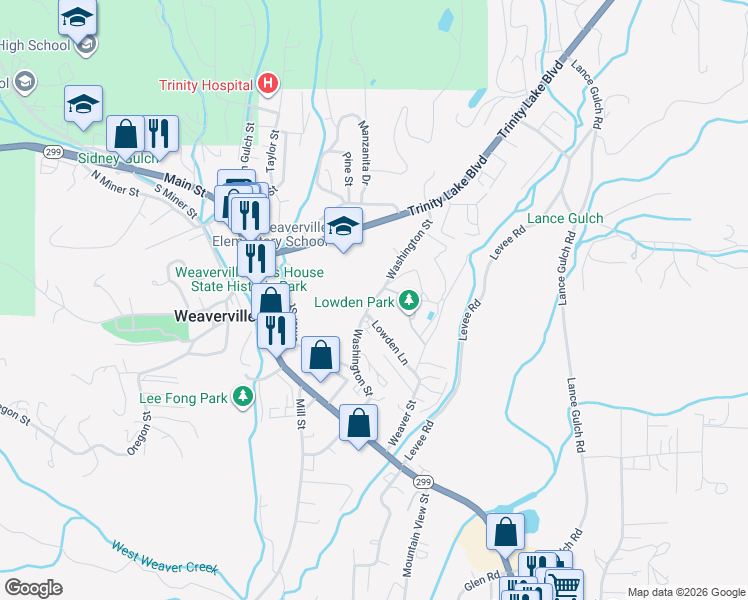 map of restaurants, bars, coffee shops, grocery stores, and more near Washington St in Weaverville