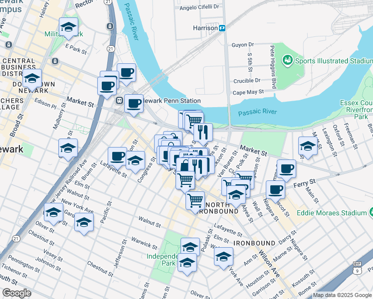 map of restaurants, bars, coffee shops, grocery stores, and more near 44 Monroe Street in Newark