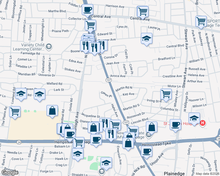 map of restaurants, bars, coffee shops, grocery stores, and more near 219 Hicksville Road in Bethpage