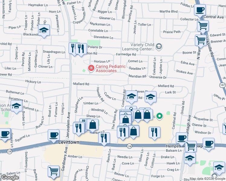 map of restaurants, bars, coffee shops, grocery stores, and more near 26 Wagon Lane in Levittown