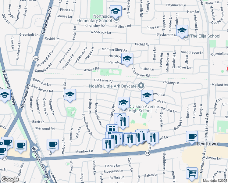 map of restaurants, bars, coffee shops, grocery stores, and more near 91 Valley Road in Levittown