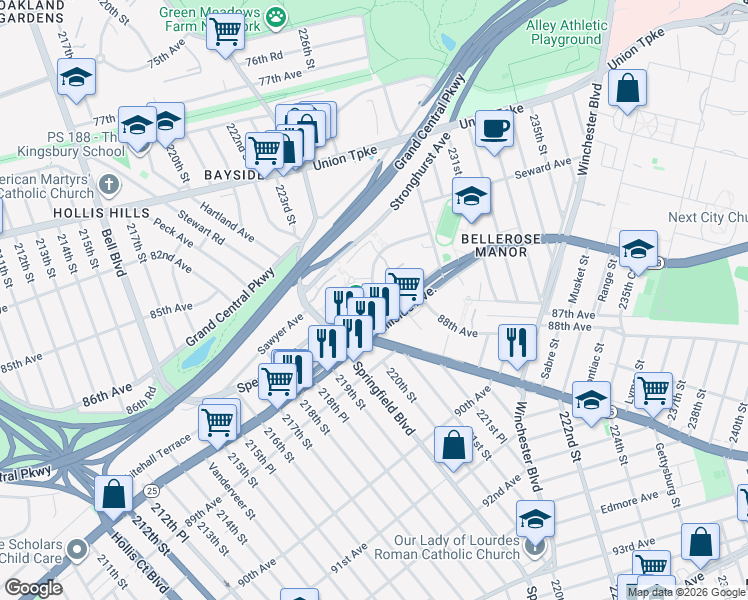 map of restaurants, bars, coffee shops, grocery stores, and more near in Queens