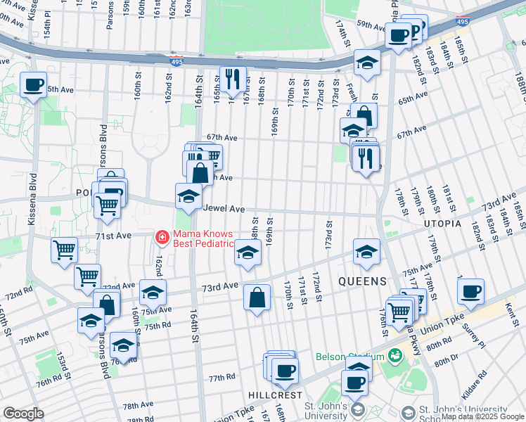 map of restaurants, bars, coffee shops, grocery stores, and more near 70-16 168th Street in Queens