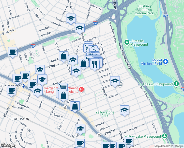 map of restaurants, bars, coffee shops, grocery stores, and more near 105-39 65th Road in Queens