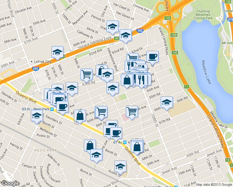 map of restaurants, bars, coffee shops, grocery stores, and more near 64-35 102nd Street in Queens