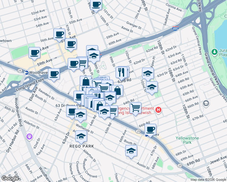 map of restaurants, bars, coffee shops, grocery stores, and more near 98-02 63rd Drive in Queens