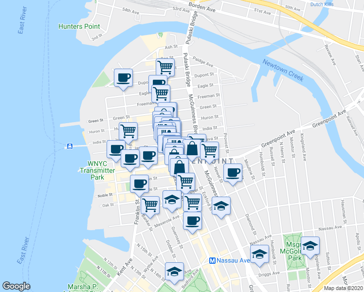 map of restaurants, bars, coffee shops, grocery stores, and more near 178 Greenpoint Avenue in Brooklyn