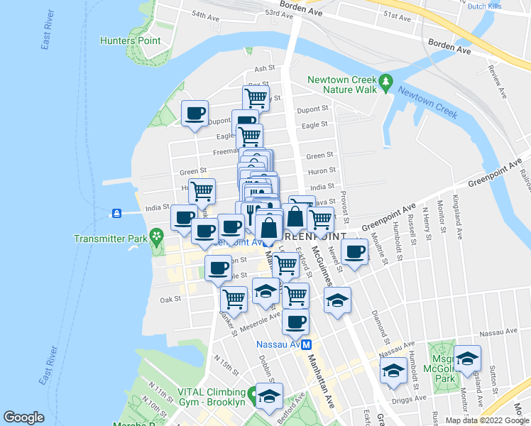 map of restaurants, bars, coffee shops, grocery stores, and more near 925 Manhattan Avenue in Brooklyn