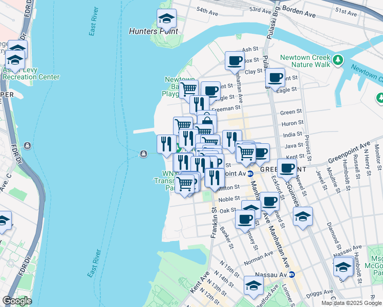 map of restaurants, bars, coffee shops, grocery stores, and more near 122 West Street in Brooklyn