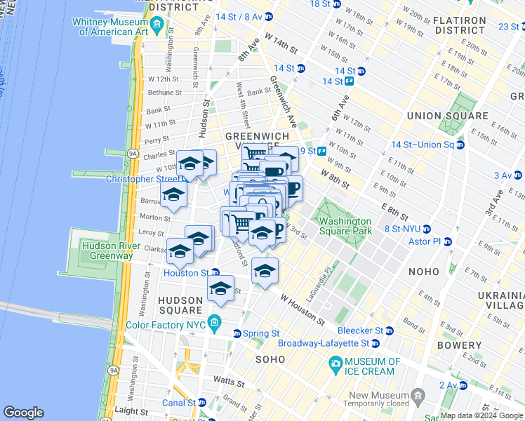 map of restaurants, bars, coffee shops, grocery stores, and more near 249 Bleecker Street in New York