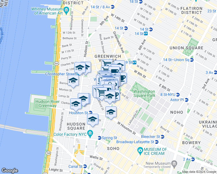 map of restaurants, bars, coffee shops, grocery stores, and more near 249 Bleecker Street in New York