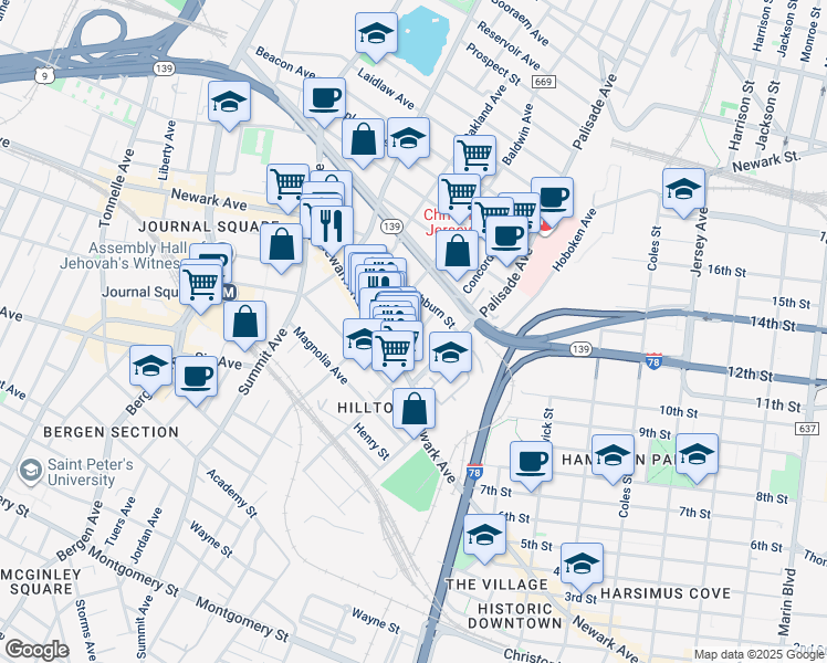 map of restaurants, bars, coffee shops, grocery stores, and more near 27 Palisade Avenue in Jersey City