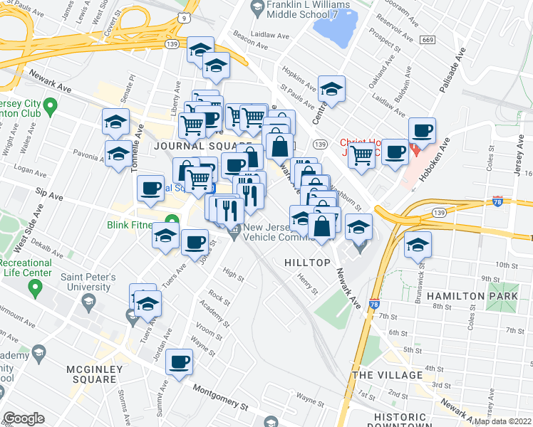 map of restaurants, bars, coffee shops, grocery stores, and more near 121 Magnolia Avenue in Jersey City