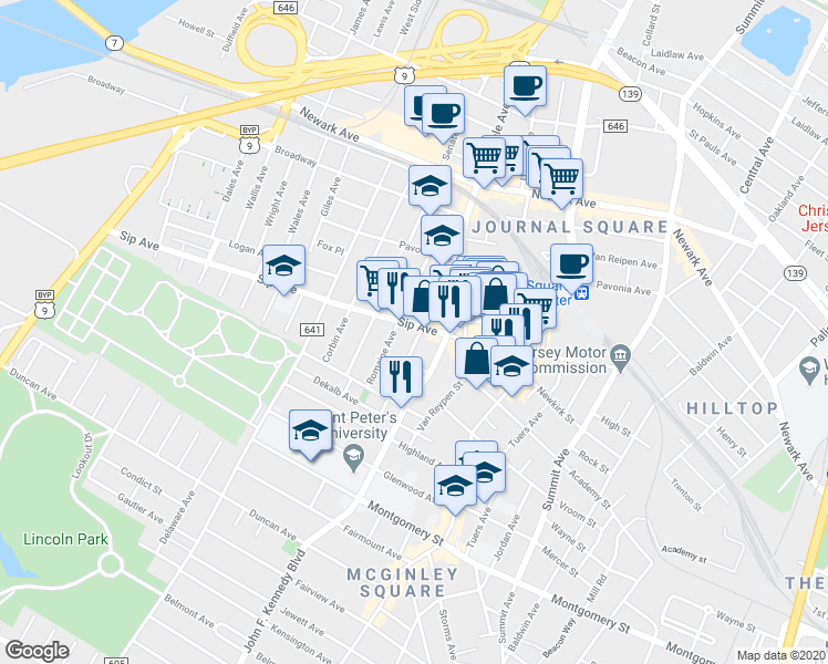 map of restaurants, bars, coffee shops, grocery stores, and more near 2779 John F. Kennedy Boulevard in North Bergen