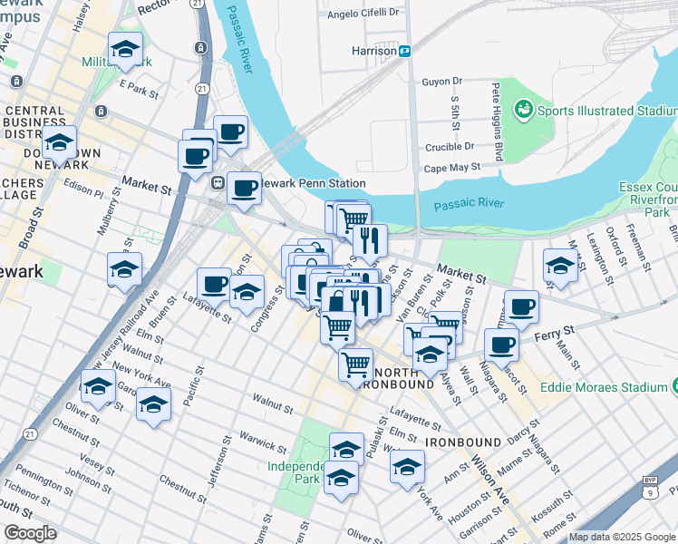 map of restaurants, bars, coffee shops, grocery stores, and more near 44 Monroe Street in Newark