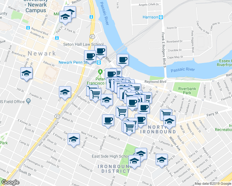 map of restaurants, bars, coffee shops, grocery stores, and more near 89 Ferry Street in Newark