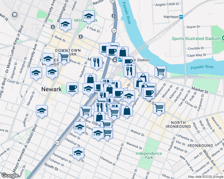 map of restaurants, bars, coffee shops, grocery stores, and more near in Newark