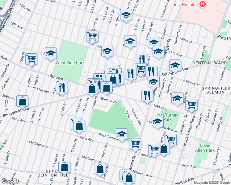 map of restaurants, bars, coffee shops, grocery stores, and more near 10 Kent Street in Newark