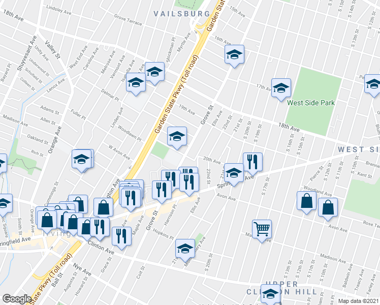 map of restaurants, bars, coffee shops, grocery stores, and more near 802 Grove Street in Irvington