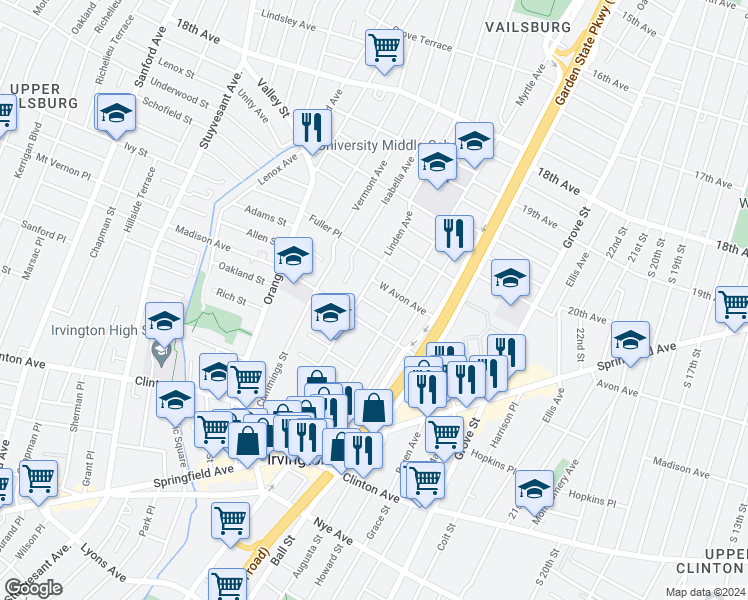 map of restaurants, bars, coffee shops, grocery stores, and more near 136 Linden Avenue in Irvington