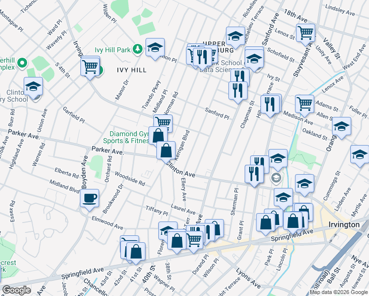 map of restaurants, bars, coffee shops, grocery stores, and more near 101 Ellery Avenue in Irvington