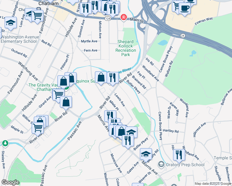 map of restaurants, bars, coffee shops, grocery stores, and more near 55 River Road in Summit