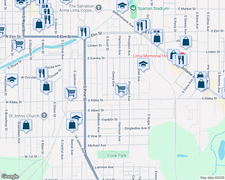 map of restaurants, bars, coffee shops, grocery stores, and more near 656 Harrison Avenue in Lima